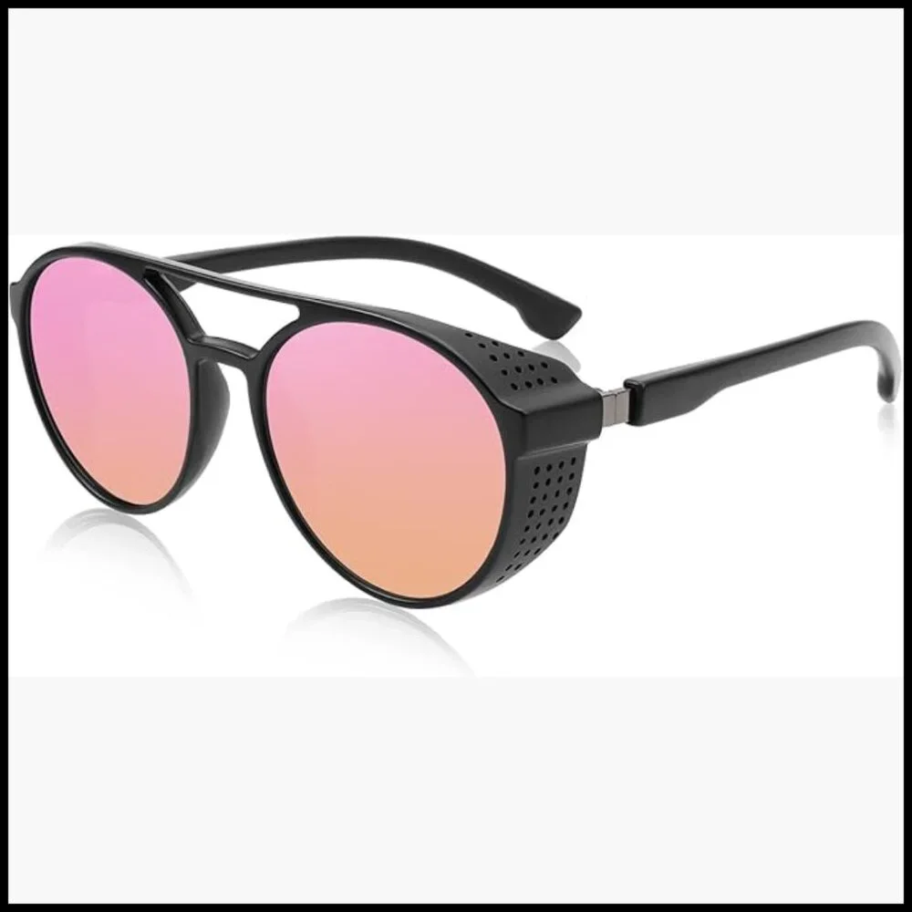 Steampunk Sunglasses with UV400 Protection, Round Frame, Gothic Side Shield